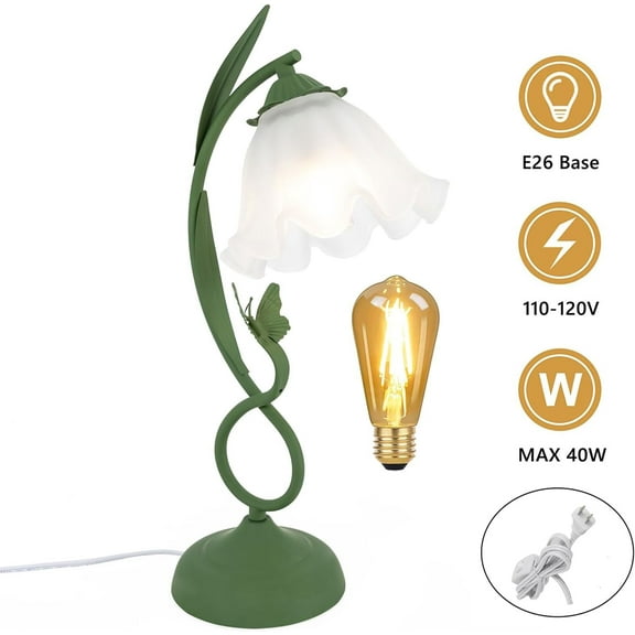Glass Table Lamp Flower Table Lamp, E26 Green Bedside Lamp Reading Lamp Dining Table Lamp Green Glass Lamp Shade, Lamp Can be Compatible with LED Lamp, Halogen Lamp, Incandescent Lamp