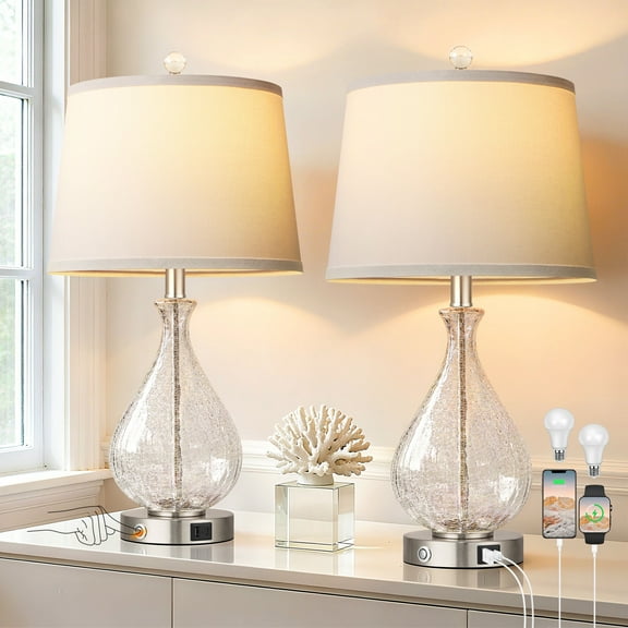 Glass Table Lamps for Living Room, Bedside Lamps Set of 2 with USB A+C Charging Ports, 3 Way Dimmable Touch Lamps for Nightstand, 22.5" Modern Table Lamp for Bedroom Office, LED Bulbs Included