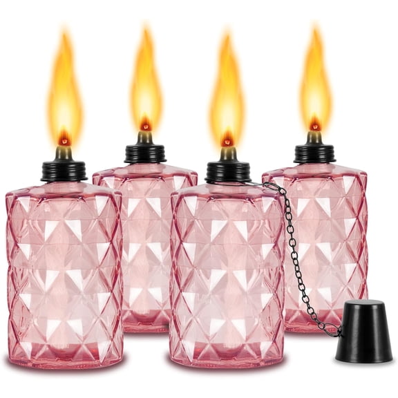 Glass Table Top Torches, 4 Pack Citronella Torches for Outside, 12oz Flame Light Torch,Refillable, Wick and Cap Included, Landscape Lanterns Torches for Garden Yard Patio Party Decor (Pink)