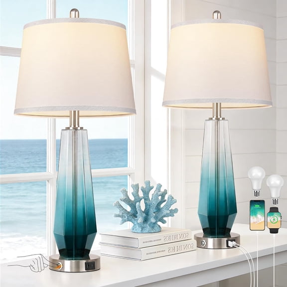 Glass Table lamps for living room, Modern Bedside Lamps for Bedrooms,27.5" Tall Nightstand Lamps Set of 2 with 3-Way Dimmable Touch Control, White Linen Shade,USB A/C Charging Ports,Gradient Teal