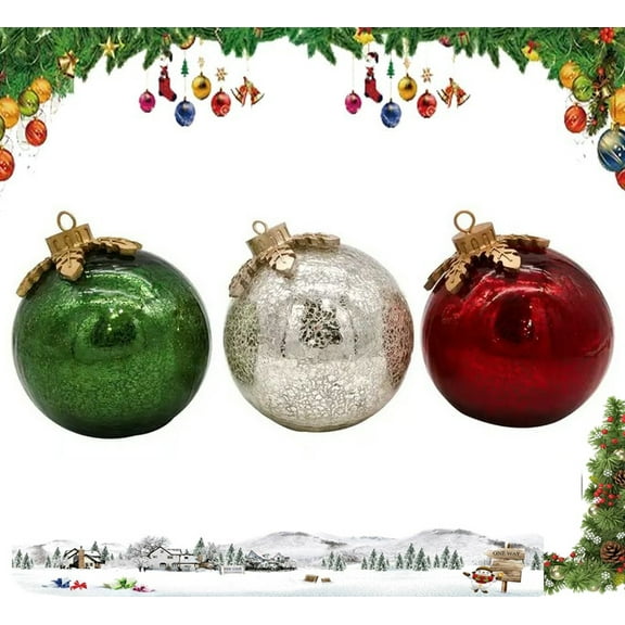 Glass Tabletop Christmas Ornaments, 3pcs Pre-Lit with Soft White LEDs for Tabletop Xmas Home Party Centerpiece Mantel,Red Gold Green Globe Set for Home Desk Display Festive Xmas Deco
