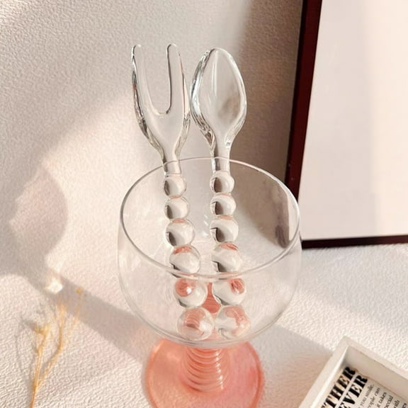 Glass Tableware Set | Transparent Glass Spoon Fork Bead Design | Clear Dining Utensils | Elegant Household Tableware | Sturdy Premium Glass | 13.5cm Size | 1 Piece