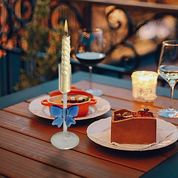 Glass Taper Candle Holders with Bow, Set of 1 Clear Christmas Candle Sticks for Table Centerpiece, Elegant Holiday Decor(G)