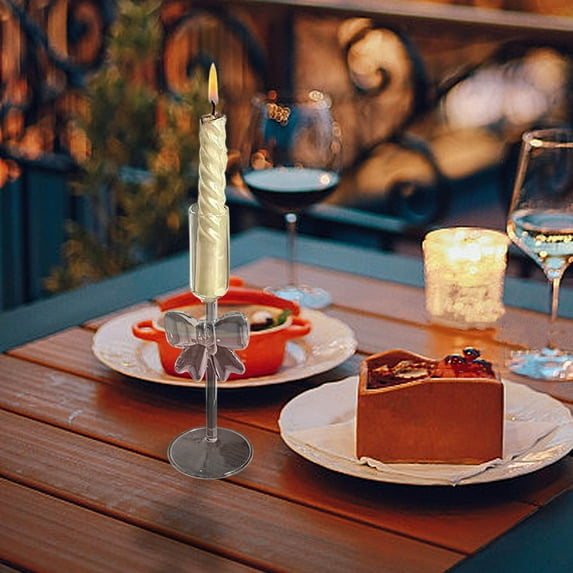 Glass Taper Candle Holders with Bow, Set of 1 Clear Christmas Candle Sticks for Table Centerpiece, Elegant Holiday Decor(H)