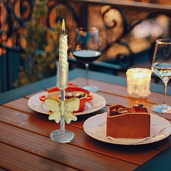 Glass Taper Candle Holders with Bow, Set of 1 Clear Christmas Candle Sticks for Table Centerpiece, Elegant Holiday Decor(I)