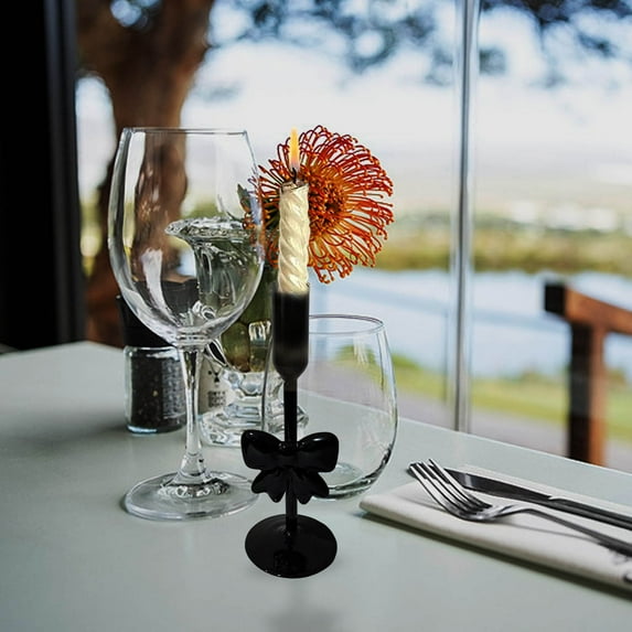 Glass Taper Candle Holders with Bow, Set of 1 Clear Christmas Candle Sticks for Table Centerpiece, Elegant Holiday Decor(K)