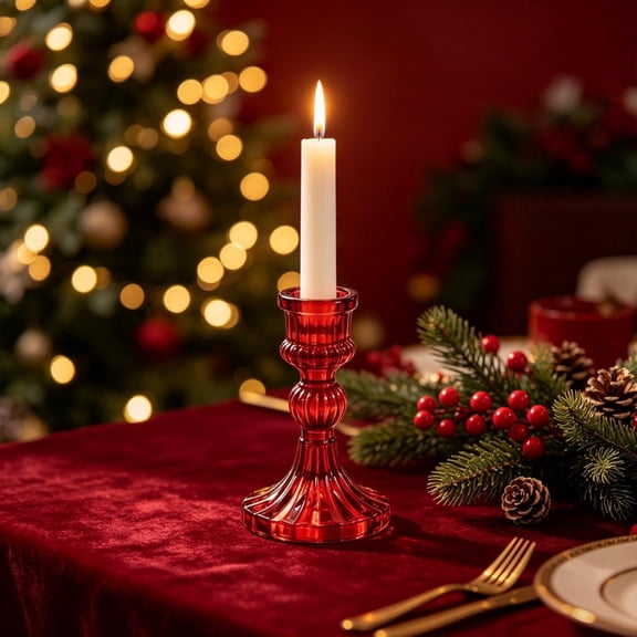 Glass Taper Candlestick Red Glass Embossed Vintage Style for Home Dinner Table Decoration