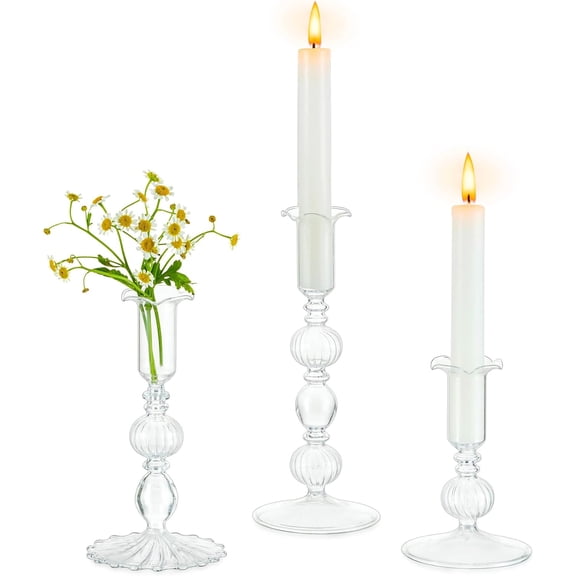 Glass Tapered Candlestick Holders: Set of 3 Clear Candle Sticks Holder Decor with Bobeche Modern Ribbed Taper Candle Holders for Table Centerpiece Christmas Wedding Home Decorations