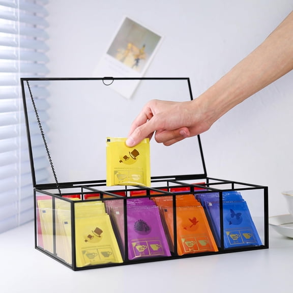 Glass Tea Bag Organizer with 8 Compartments, Handmade Large Tea Bag Storage Box for Counter Kitchen, Tea Bag Holder,Tea Storage Containers with Lid,Tea Accessories Gifts for Tea Drinkers,Black