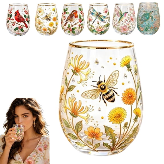 Glass Tea Cup 14 oz with Bee Hummingbird Floral Embossed Design for Loose Leaf Tea