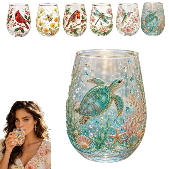 Glass Tea Cup 14 oz with Bee Hummingbird Floral Embossed Design for Loose Leaf Tea