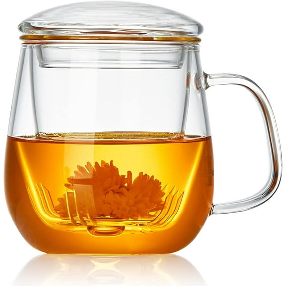 Glass Tea Cup with Infuser and Lid, 17.6oz/520ml Large Borosilicate Teacup,Tea Glass, Clear Mug for Loose Leaf Tea, Blooming Tea, Microwave & Dishwasher Safe - Tea Maker Gift for Birthday