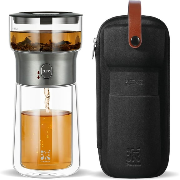Glass Tea Infuser Teapot with One Touch Brewing, Insulated Mug, and Portable Tea Kit, 9oz Black