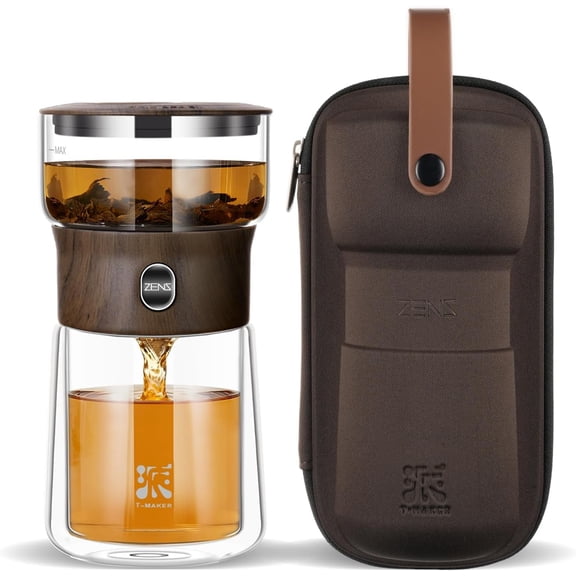 Glass Tea Infuser Teapot with One Touch Brewing, Insulated Mug, and Portable Tea Kit, Walnut Color, 6 oz