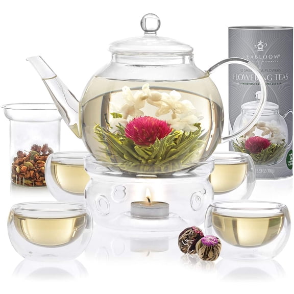 Glass Tea Set with 40 oz Teapot, Loose Tea Infuser, 4 Insulated Teacups, Tea Warmer, and 12 Blooming Teas