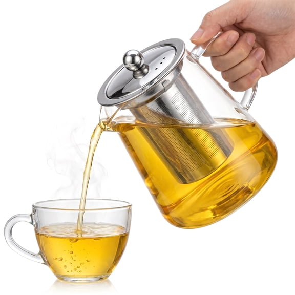 Glass Teapot 32 oz, Borosilicate Clear Tea Kettle with Removable Stainless Steel Infuser, Teapot Blooming and Loose Leaf Tea Maker Tea Brewer for Camping, Travel