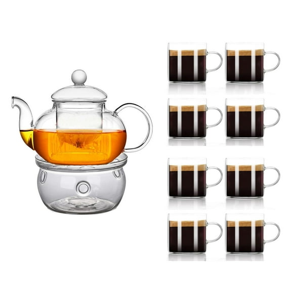 Glass Teapot 600ml With Infuser Teapot Warmer with Stainless Steel Plate Espresso Cups Set of 8