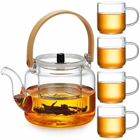Glass Teapot Set, 37OZ/1100ML Glass Tea Kettle with 4 Double Wall Teacups, Tea Pot with Infusers for Loose Tea, Stovetop & Microwave Safe Tea Maker$$Home Decor, Kitchen, & Other