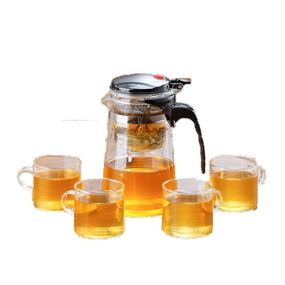 Glass Teapot Set with One Touch Tea Maker, 750ml Smart Teapot with Removable Strainer and 4 Heat-Resistant Tea Cups, Borosilicate Glass Loose Leaf Tea Pot for Tea Lover Gift, Home Office