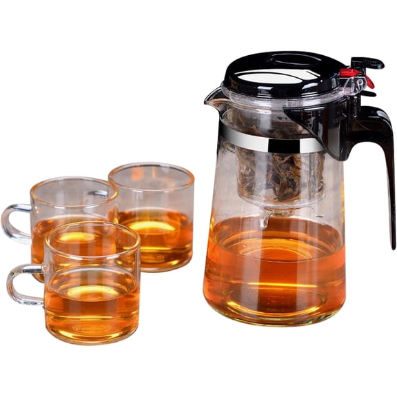 Glass Teapot Set One Touch Tea Maker, Tea pot with 3 Tea Cups and Removable Strainer for Loose Tea, Smart Teapot for Tea Lover Gifts 750ML/25.36 oz