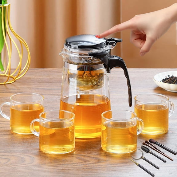 Glass Teapot Set One Touch Tea Maker, Tea pot with 4 Tea Cups and Removable Strainer for Loose Tea, Smart Teapot for Tea Lover Gifts 750ML/25.36 oz