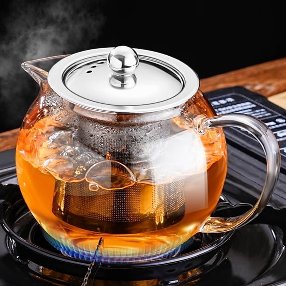 Baalaka 22oz/650ml Stovetop Glass Teapot, 18/8 Stainless Steel Inf, Borosilicate Clear, Loose Leaf Tea Maker for Camping & Travel