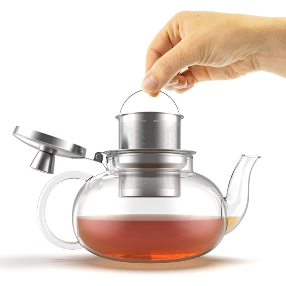 Glass Teapot Stovetop Compatible Kettle with Stainless Steel Removable Infuser, Loose Leaf , Stovetop Safe Pot and Strainer (27 Ounce)