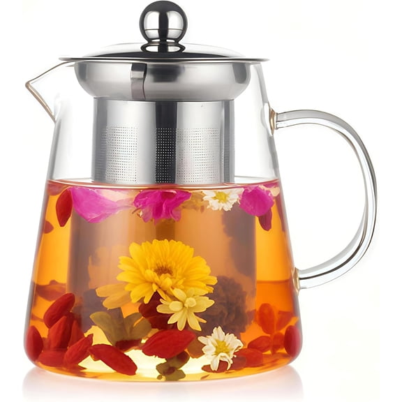 Glass Teapot with Stainless Steel Infuser, Borosilicate  Kettle, Clear  Maker for Loose Leaf  (950ML)
