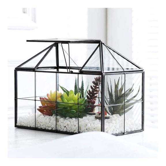 Glass Terrarium House Shape, Geometric Planter Box with Lid, Mini Indoor Greenhouse for Fern, Moss, Air Plants, Decorative Home Gift