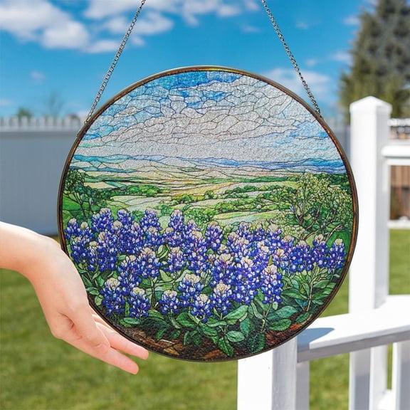 Glass Texas Bluebonnet Flower Suncatcher, Texas Bluebonnet Floral Windows Hanging, Texas Bluebonnet Blooms Suncatcher Td-0313-H6Dd, Suncatcher Window Hanging, 3.5 in