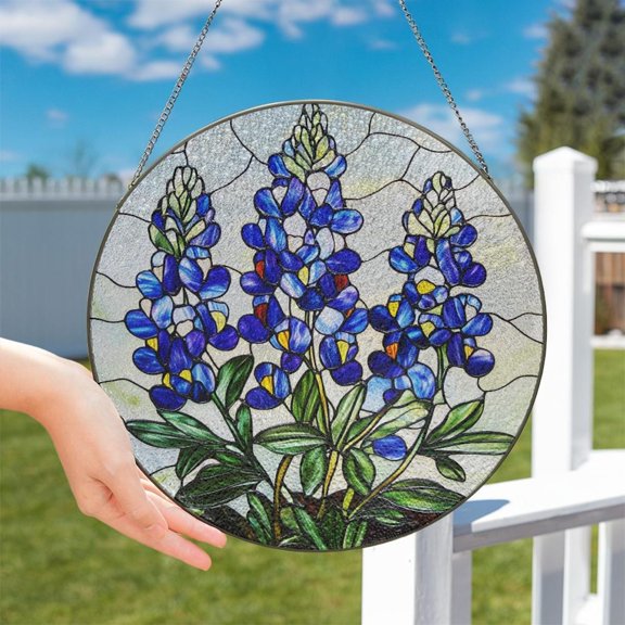 Glass Texas Bluebonnet Flower Suncatcher, Texas Bluebonnet Floral Windows Hanging, Texas Bluebonnet Blooms Suncatcher Td-0313-Tghh, Suncatcher Window Hanging, 6.3 in