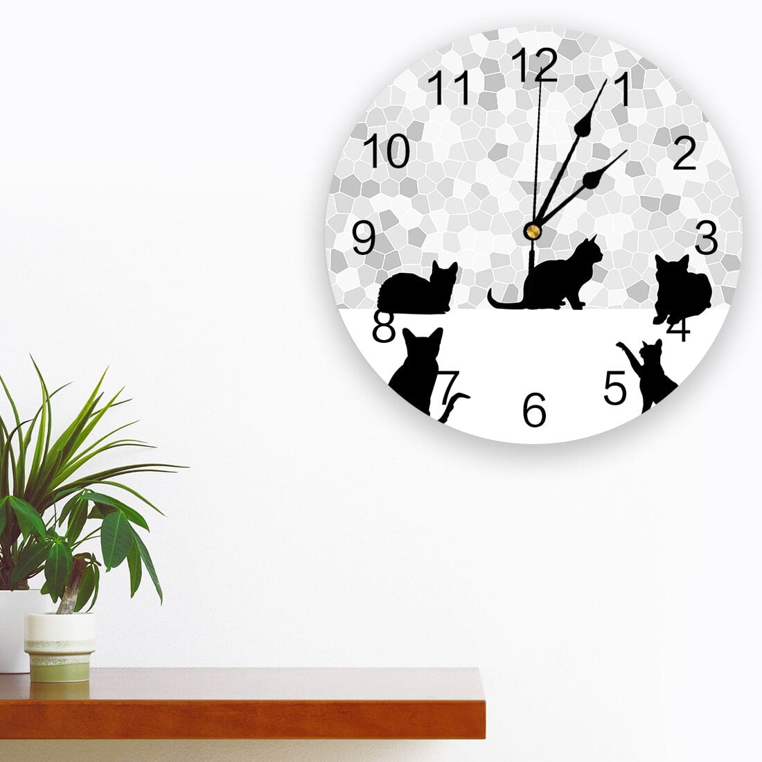 Glass Texture Cat Silhouette Wall Clock Modern Design Silent Bedroom