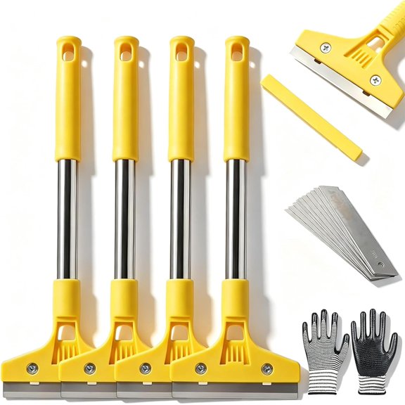 Glass Tile Adhesive Remover Shovel, Multi-Purpose Razor Blade Scraper Tool, Wide Window Scraper with Extended Handle, for Handicrafts, Glass Tile, and Floor Surface (4Pcs)