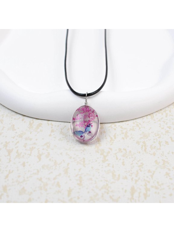 Glass Time Stone Butterfly Lace Flower Necklace