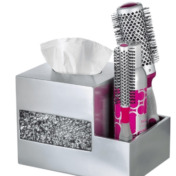 Glass Tissue Box Cover Square Silver Decorative Multi-function Storage Organizer Caddy; Tissue Box Holder & Countertop Nightstand Bedside Table Organizer Makeup, Phone, Remote Control Holder