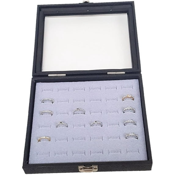 Glass Top Black Jewelry Display Case with 36 Slot Silver Grey Ring Display Insert