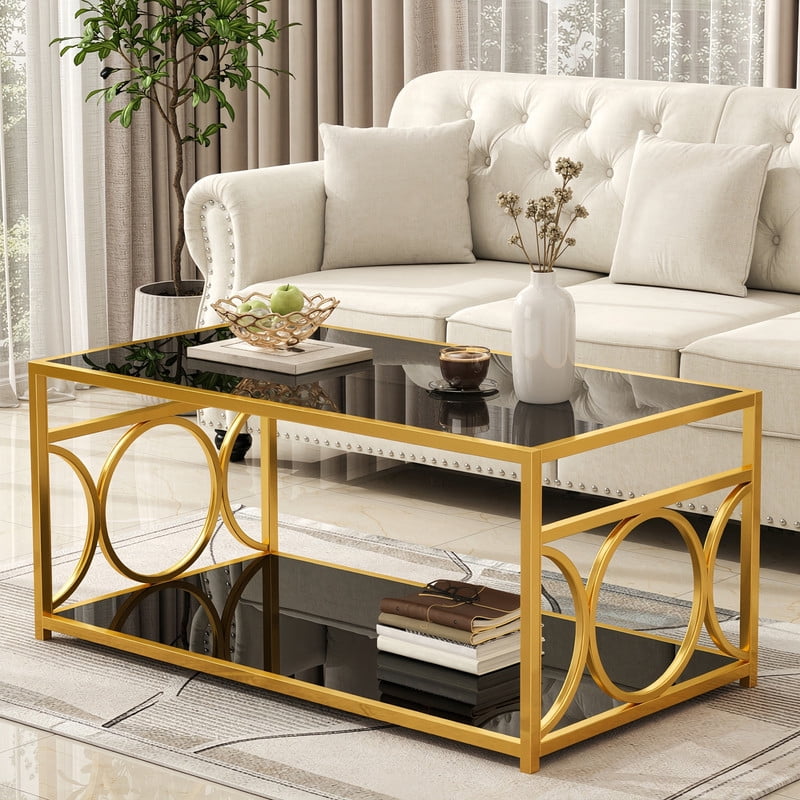 Glass Top Coffee End Table with Gold Metal Frame, Rectangular 2-Tier Storage Center Cocktail Table with Open Storage Shelf