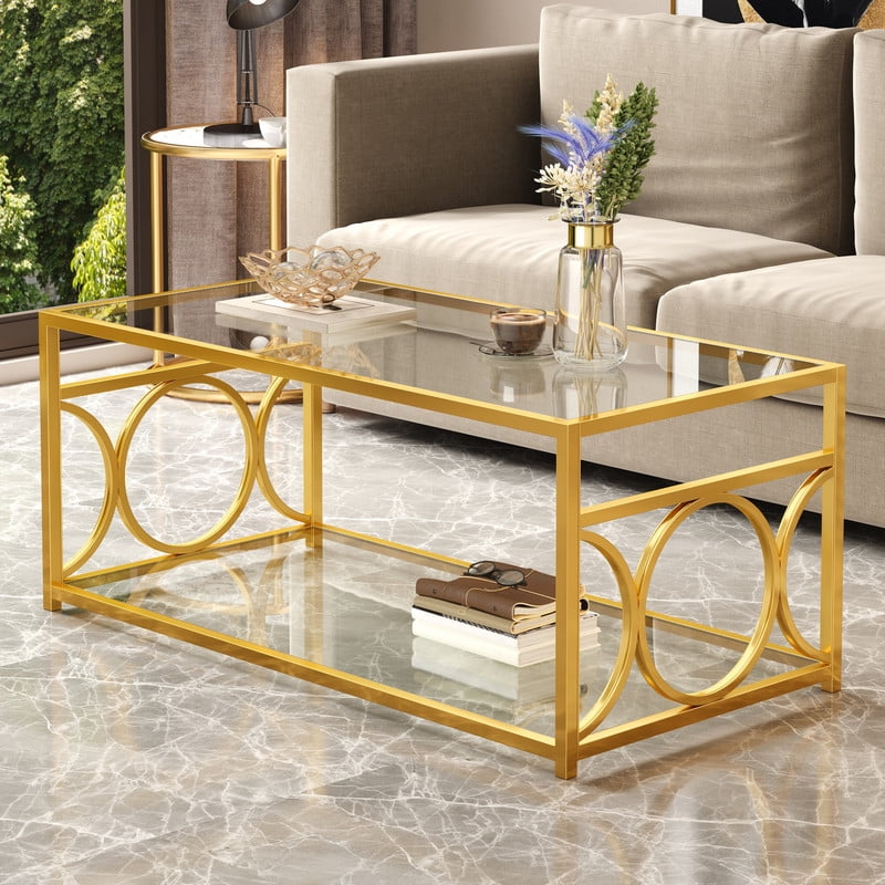 Glass Top Coffee End Table with Gold Metal Frame, Rectangular 2-Tier Storage Center Cocktail Table with Open Storage Shelf