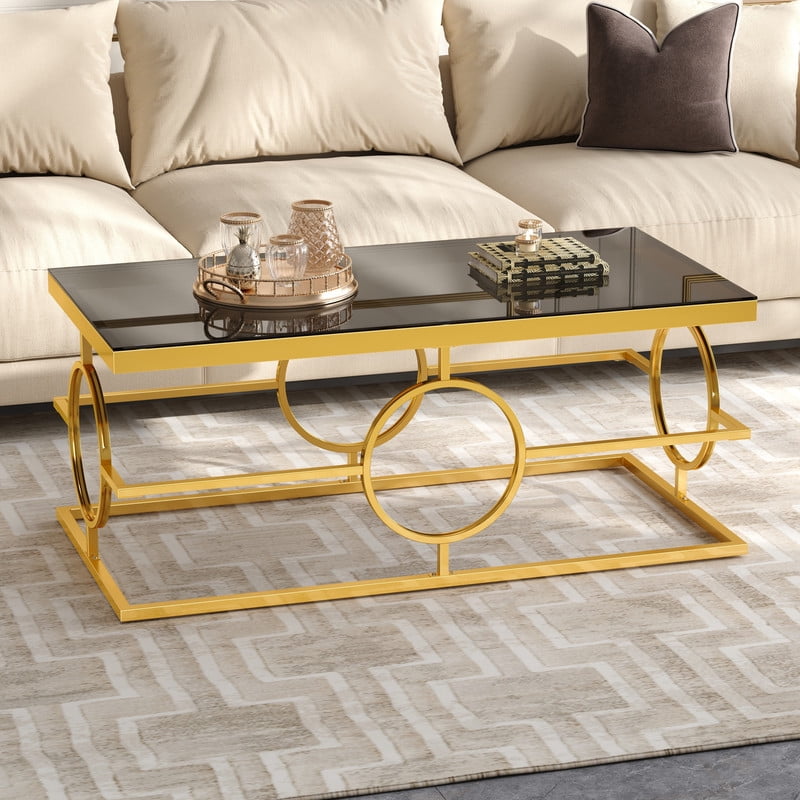 Glass Top Coffee End Table with Gold Metal Frame, Rectangular Storage Center Cocktail Table with Geometric Circle Base