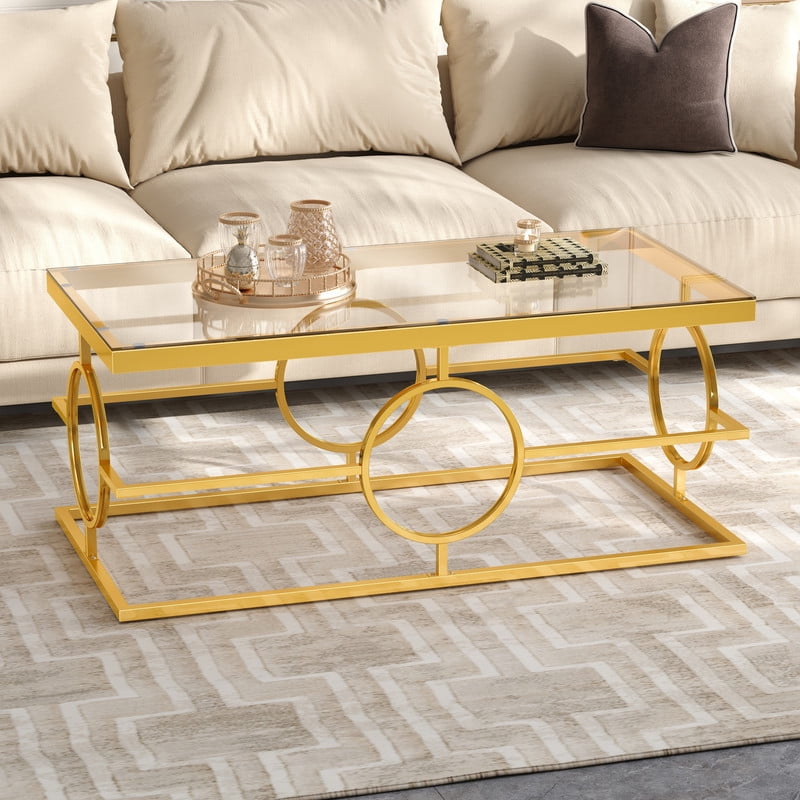 Glass Top Coffee End Table with Gold Metal Frame, Rectangular Storage Center Cocktail Table with Geometric Circle Base