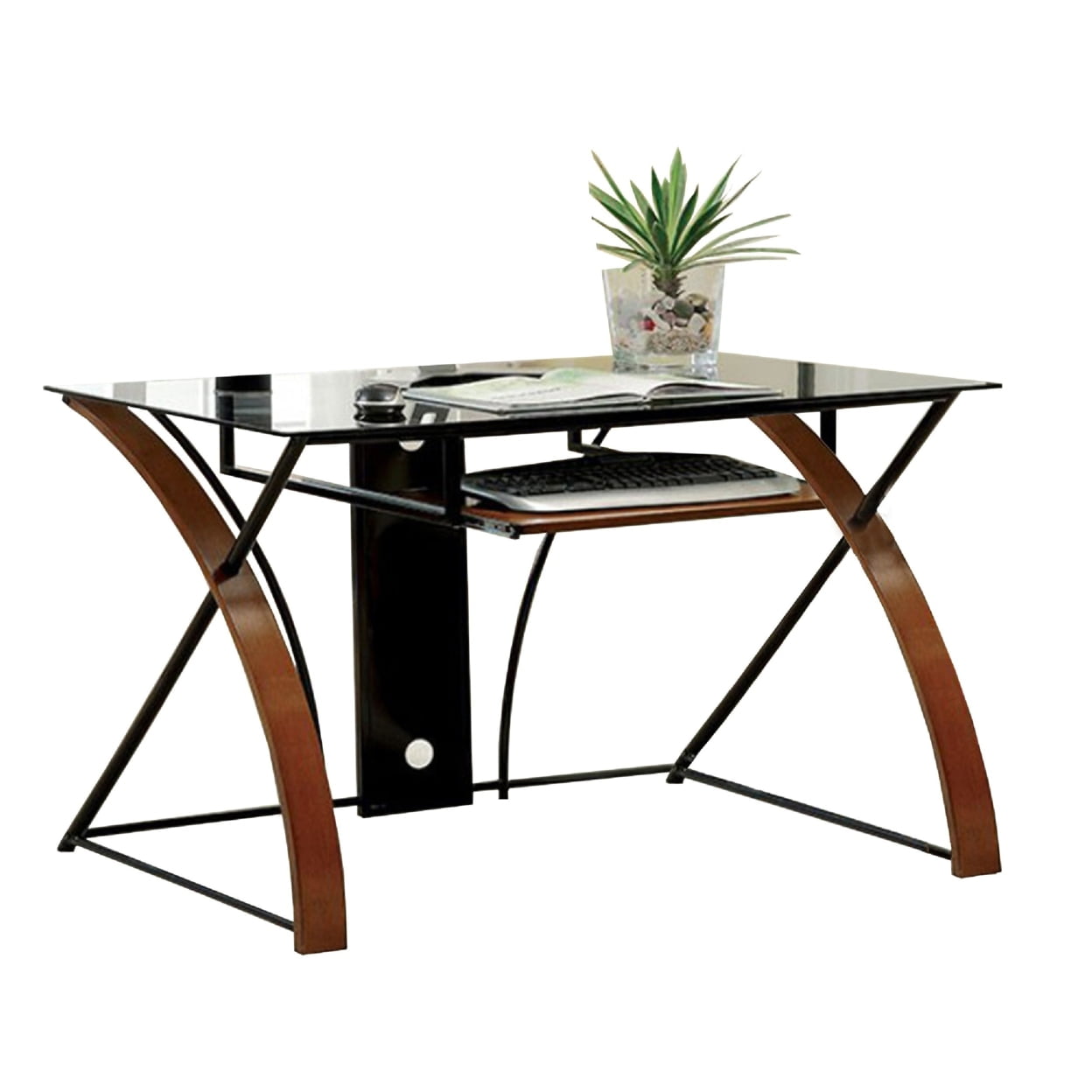 Sleek Black Glass Top Computer Desk with Z-Shaped Metal Legs and Keyboard Tray