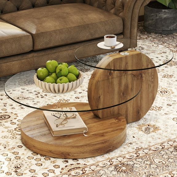 Glass Top Double-Layer Nesting Table with Wooden Base and Tempered Glass Coffee Table with 2 Round Tabletops for Living Room