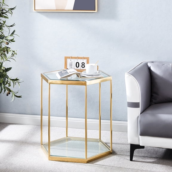 Glass Top End Table With Gold Stainless Steel Frame - Increase Storage, , Easy To Clean And Install Quickly Gold Backed Offer Extra Simple Cleaning