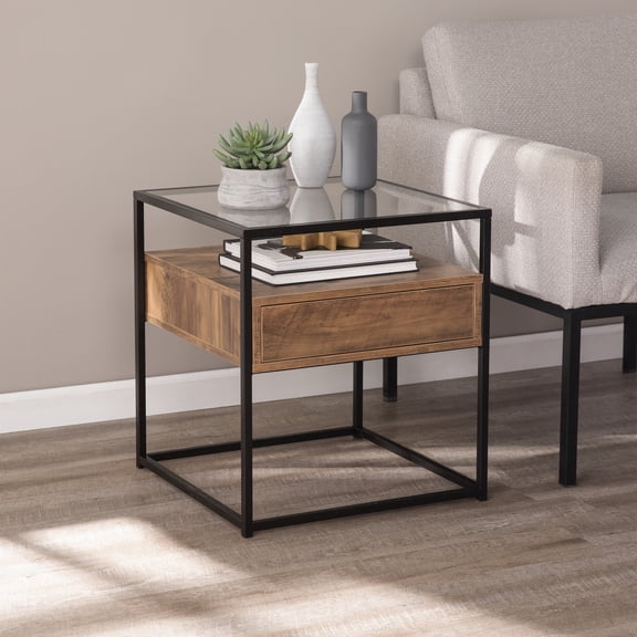 Glass Top End Table with Drawer & Shelf - Industrial Accent Table - 20" Square