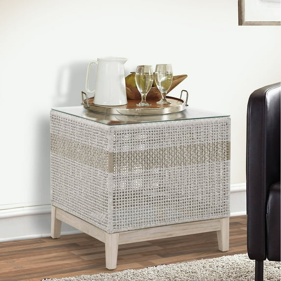 Glass Top End Table with Interwoven Rope Design Frame, Gray and Brown