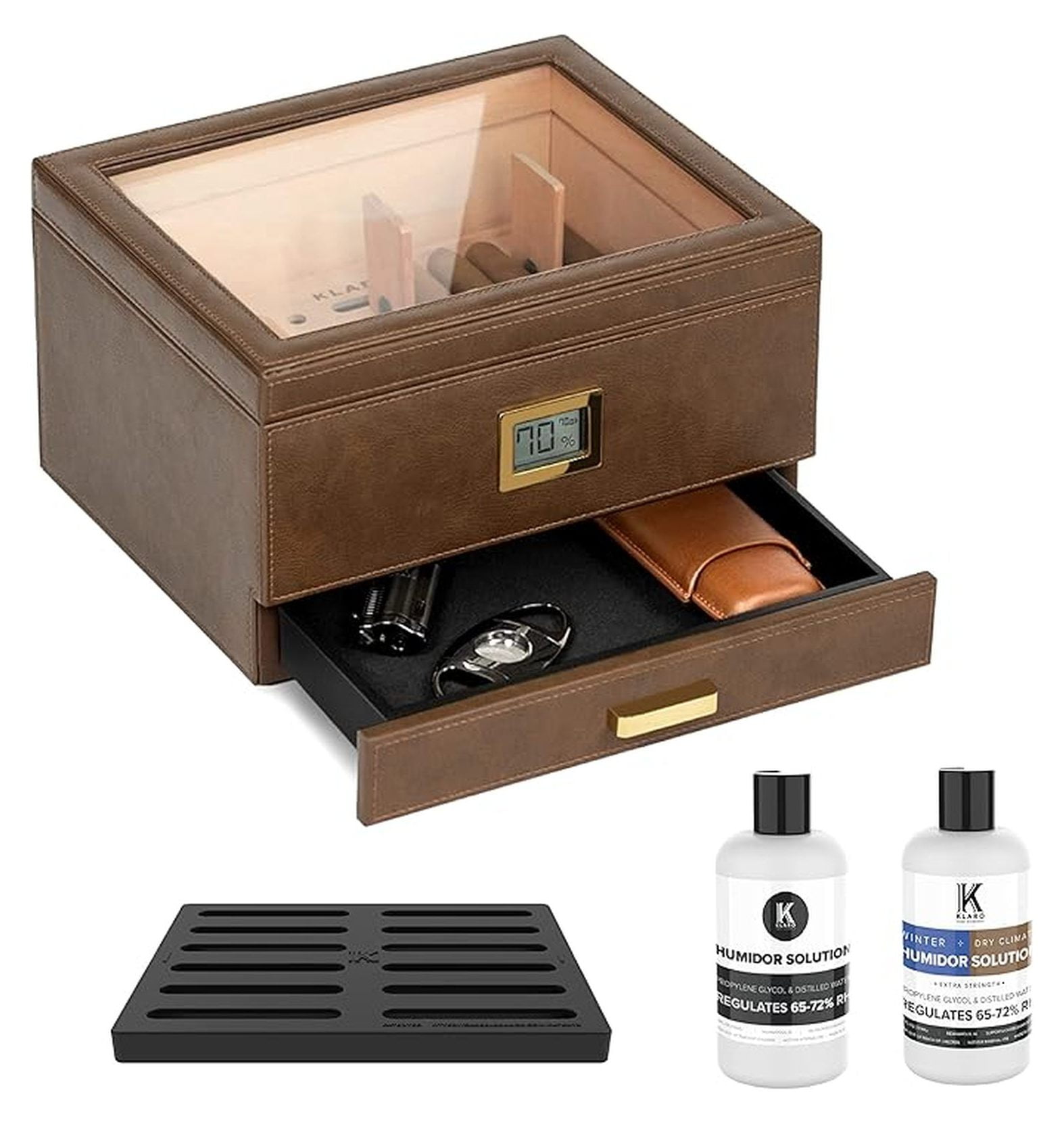 Glass Top Humidor Easy Humidification System, Thick Cedar, Accurate Digital Hygrometer, Leather Wrapped, Brown, Holds 30-60
