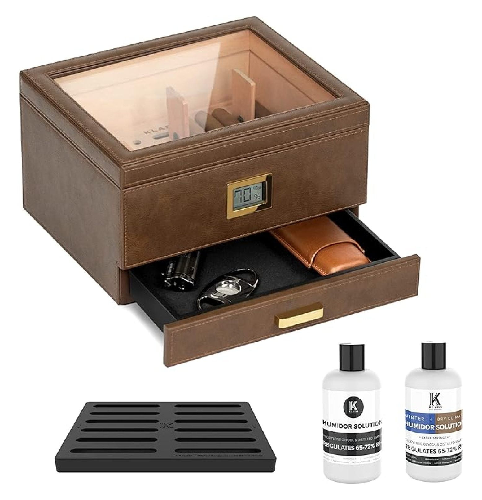 Glass Top Humidor Easy Humidification System, Thick Cedar, Accurate Digital Hygrometer, Leather Wrapped, Brown, Holds 30-60