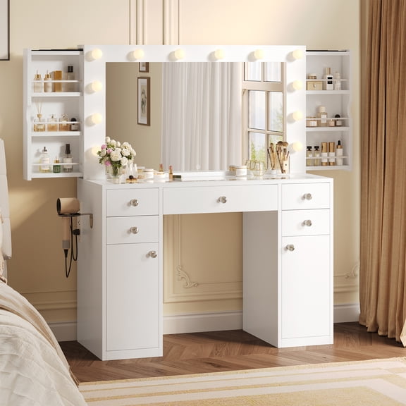 Glass Top Makeup Vanity Desk with Mirror and Lights, 43" Smart Vanity Table with 12 LED Lights & RGB Atmosphere, 4 Drawers, 2 Side Cabinets, Built-In Power Outlet, Modern Dressing Table for Bedroom,