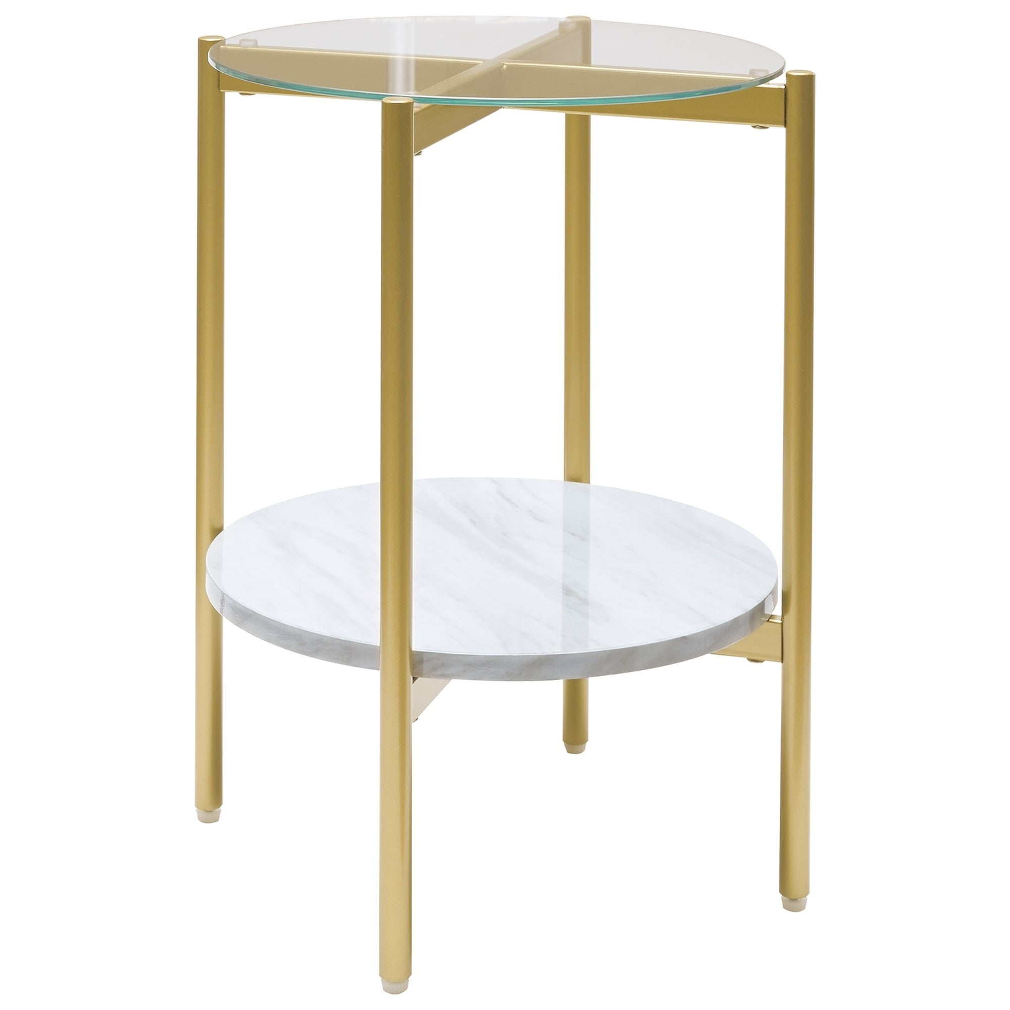 Glass Top Metal End Table with Marble Shelf, Gold and White