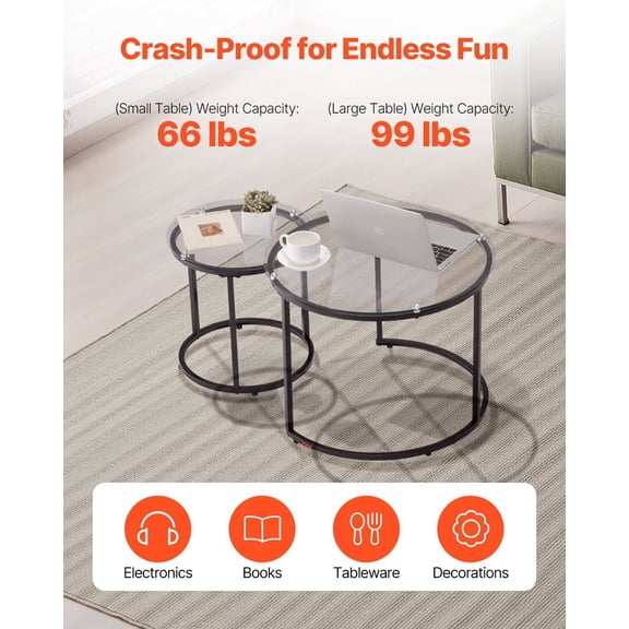 Glass Top Nesting Tables, 23.6 Inch Round Coffee Table Set - Metal Frame Side Tables for Bedroom, Office, Small Spaces
